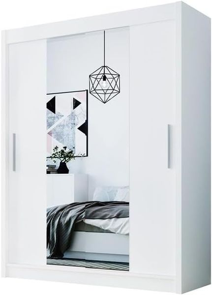Weisser Schiebetuer-Kleiderschrank mit Spiegel, geraeumiger Mehrzweck-Aufbewahrungsschrank 150 x 200 x 58 cm