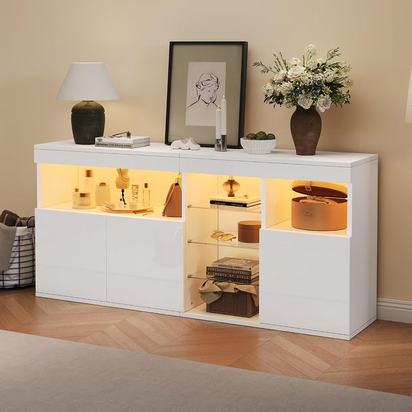 Hochglanz weisses griffloses Sideboard mit LED-Beleuchtung und smarter App-Steuerung, Wohn- und Esszimmermoebel 155,5 x 35 x 72 cm