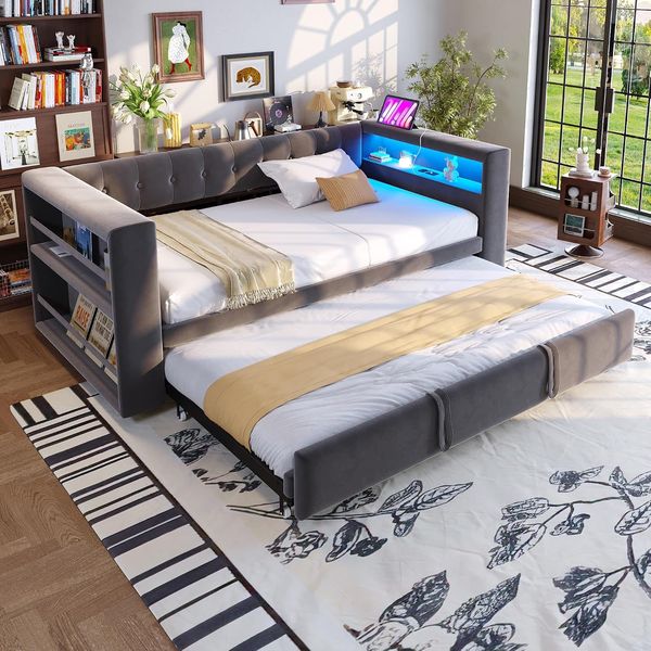 Dunkelgraues multifunktionales Tagesbett ohne Matratze, Einzelbett mit Ausziehfunktion, grossem Stauraum und integrierter LED-Beleuchtung 90 x 190 cm