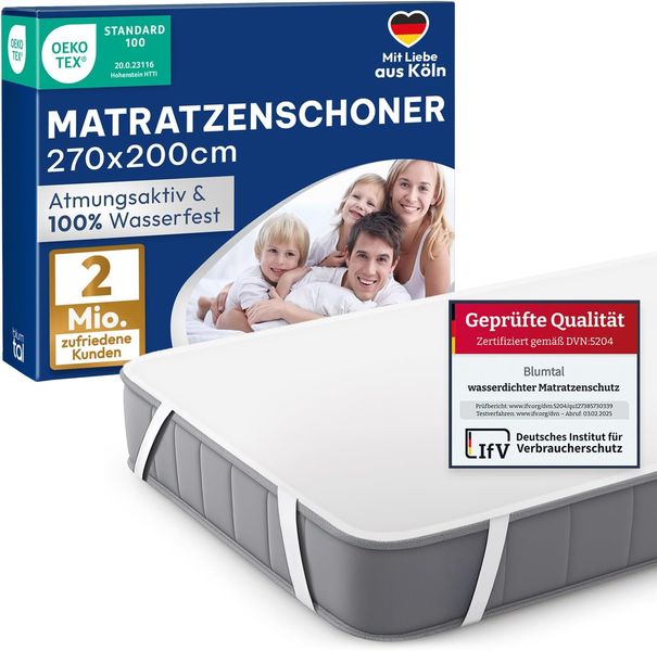 Knisternfreier baumwollbasierter Matratzenschoner, wasserdichte waschbare Inkontinenzauflage bis 95 Grad C, Oko-Tex zertifiziert 270 x 200 cm