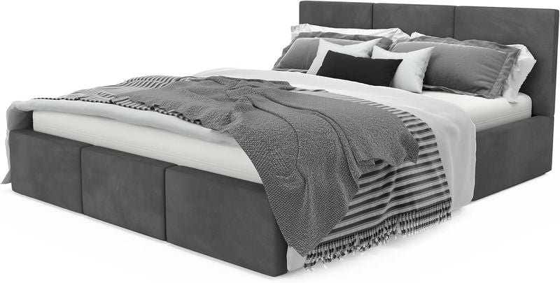 Graphitfarbenes gepolstertes Doppelbett mit integriertem Bettkasten, komfortables Schlafzimmerbett 140 x 200 cm