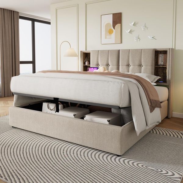 Natuerliches Leinen-Polsterdoppelbett ohne Matratze, mit hydraulischem Stauraum-Kopfteil, USB-C Ladefunktion und Holzlattenrost 140 x 200 cm