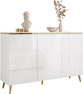 Hochglanz weisse Luxus-Kommode mit Goldchrom Dekor, haengend oder stehend nutzbar mit schraegen Metallfuessen und grosszuegigem Stauraum