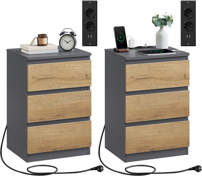 Zweier Set moderner Nachttische in Schiefergrau-Naturbraun, mit drei Schubladen, AC-Steckdosen und USB-Ladeanschluessen