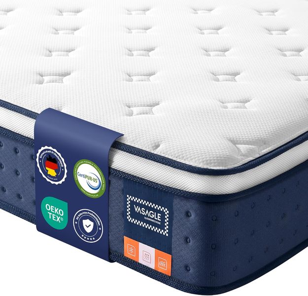 Blaue H3 Komfortmatratze mit Gel-Memory-Schaum und Taschenfederkern, ergonomische Koerperanpassung und Bewegungsisolierung, 25 cm Hoehe 90 x 200 cm