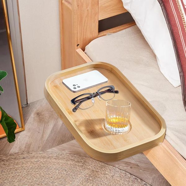 Holzfarbene klemmbare Bettablage, platzsparendes haengendes Organizer-Regal fuer Handy, Fernbedienung und Getraenke