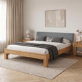 Geoeltes Eichenmassivholz-Doppelbett mit anthrazitfarbenem Cord-Kopfteil, hochwertiges stabiles Schlafzimmermoebel 180 x 200 cm