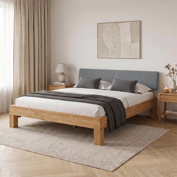 Geoeltes Eichenmassivholz-Doppelbett mit anthrazitfarbenem Cord-Kopfteil, hochwertiges stabiles Schlafzimmermoebel 180 x 200 cm