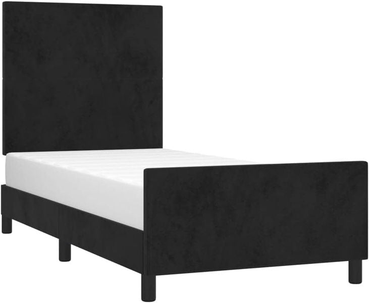 Schwarzes Samt-Einzelbett mit gepolstertem Kopfteil und Lattenrost, edles Schlafzimmermoebel 90 x 190 cm
