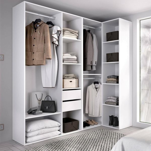 Grosser Kleiderschrank in Weiss-Eiche Kombination, hochwertiges Schlafzimmer-Garderobenmoebel 183 x 85 x 205 cm
